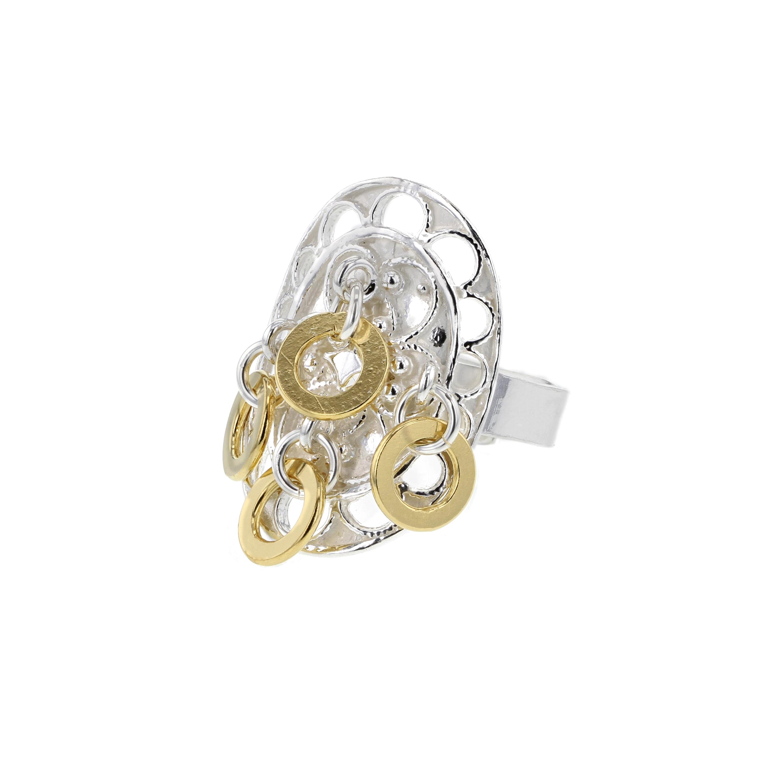 Ring, Filigran, Sølv m/forgylte øsken, Regulerbar skinne