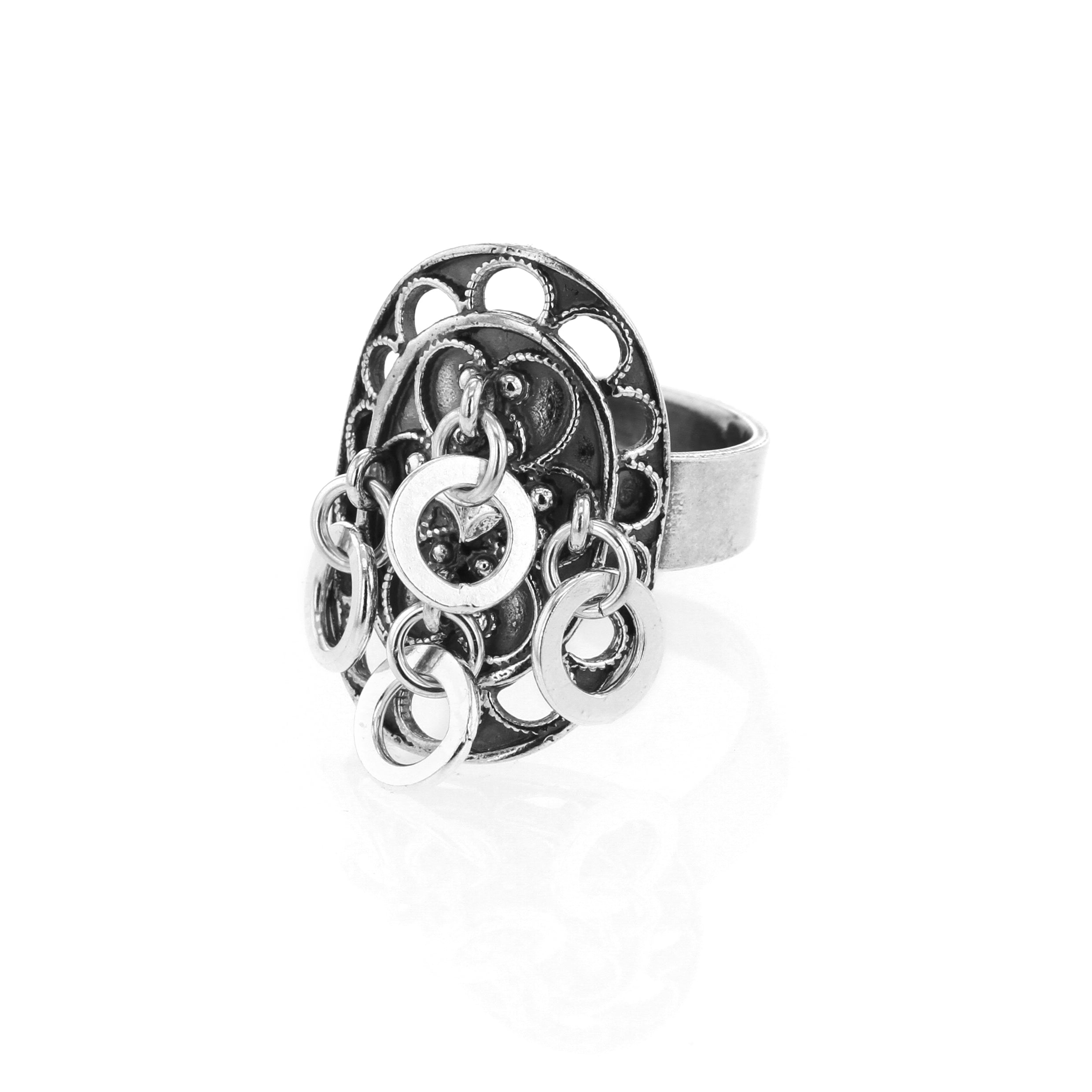 Ring, Filigran, Oksidert sølv, Flate øsken, Regulerbar skinne