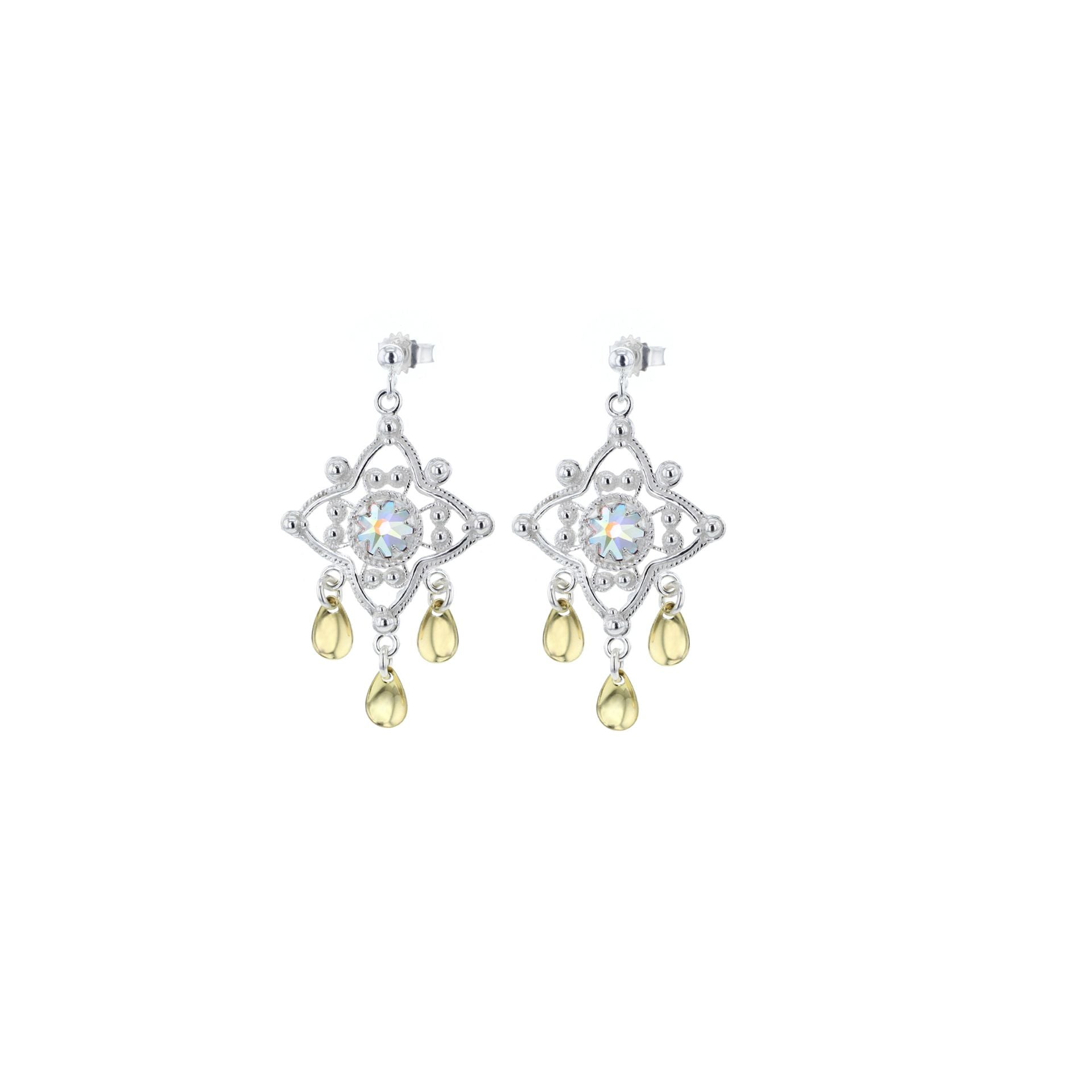 Ørepynt med krystall og lauv, sølv/forgylt