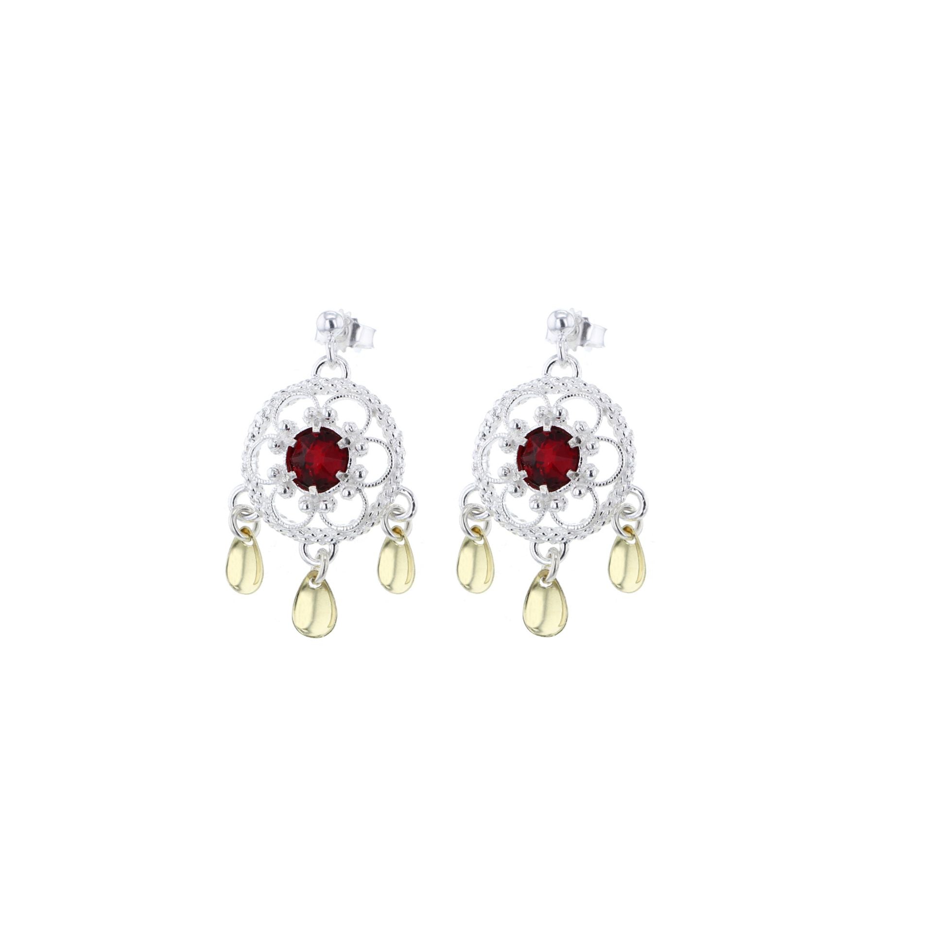 Ørepynt med lauv og krystall, sølv/forgylt