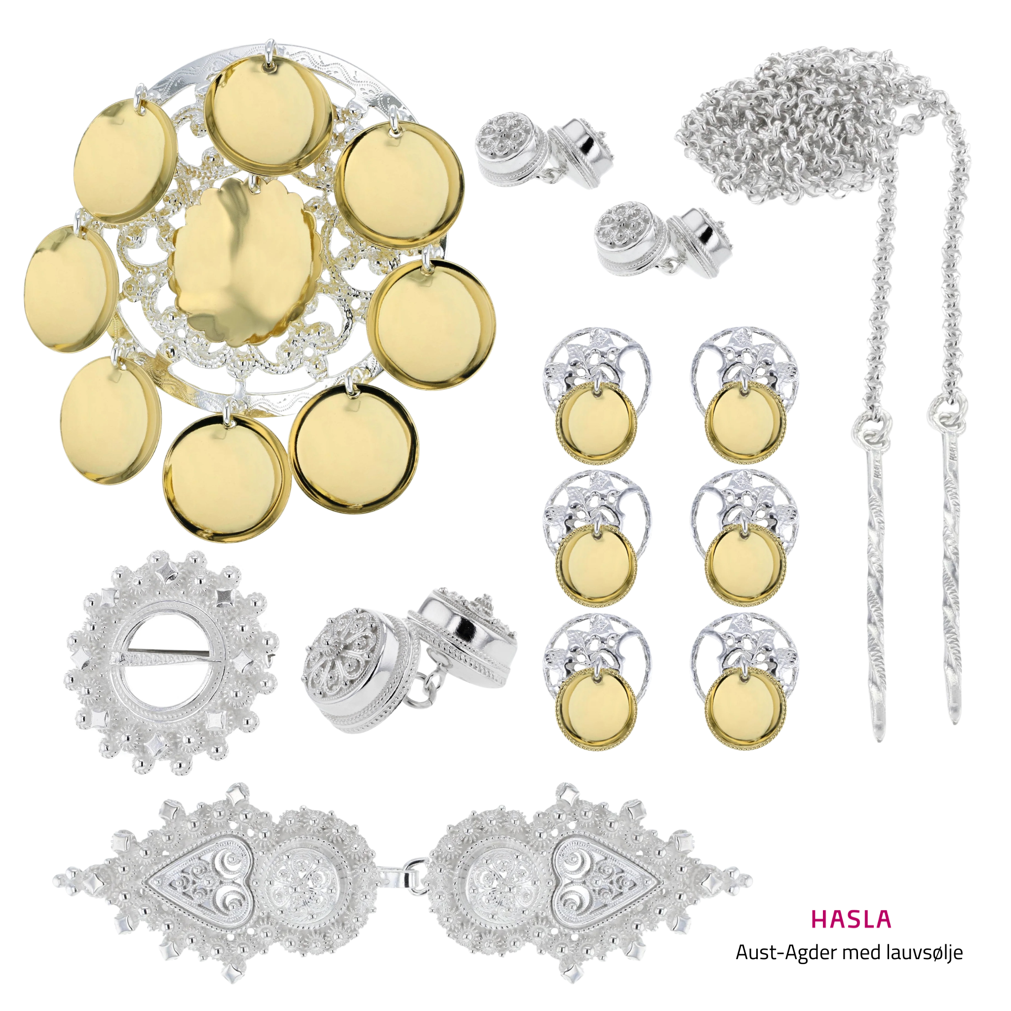 Bunadsølvpakke Aust-Agder med lauvsølje, sølv/forgylt