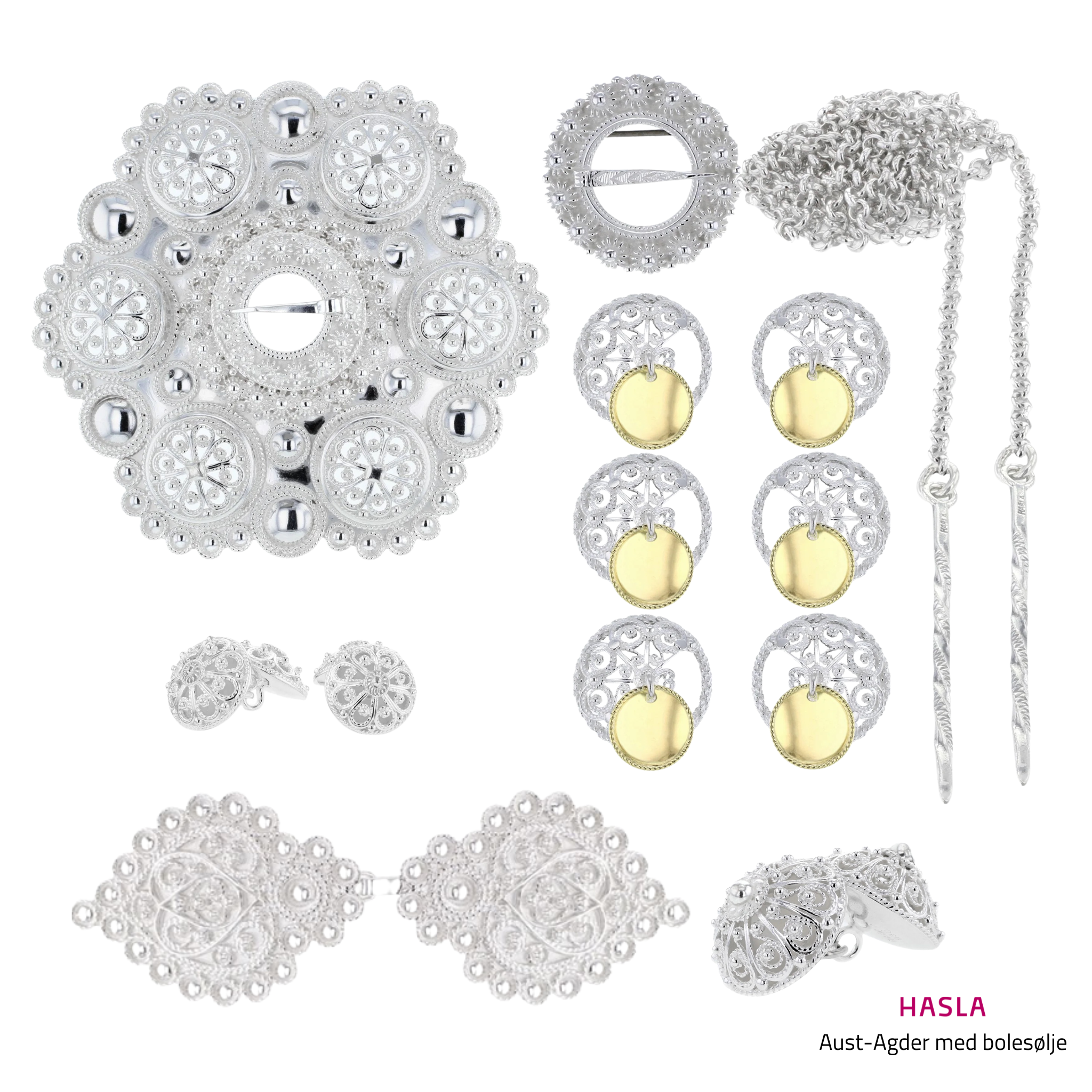 Bunadsølvpakke Aust-Agder med bolesølje, sølv/forgylt